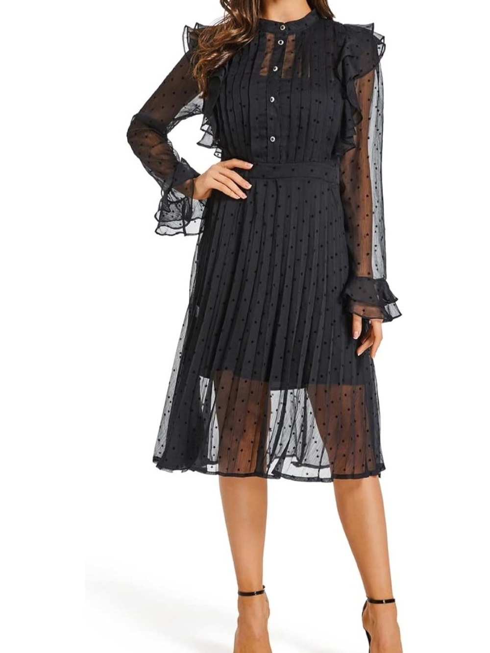 Black Sheer Polka Dot Ruffle Midi Dress